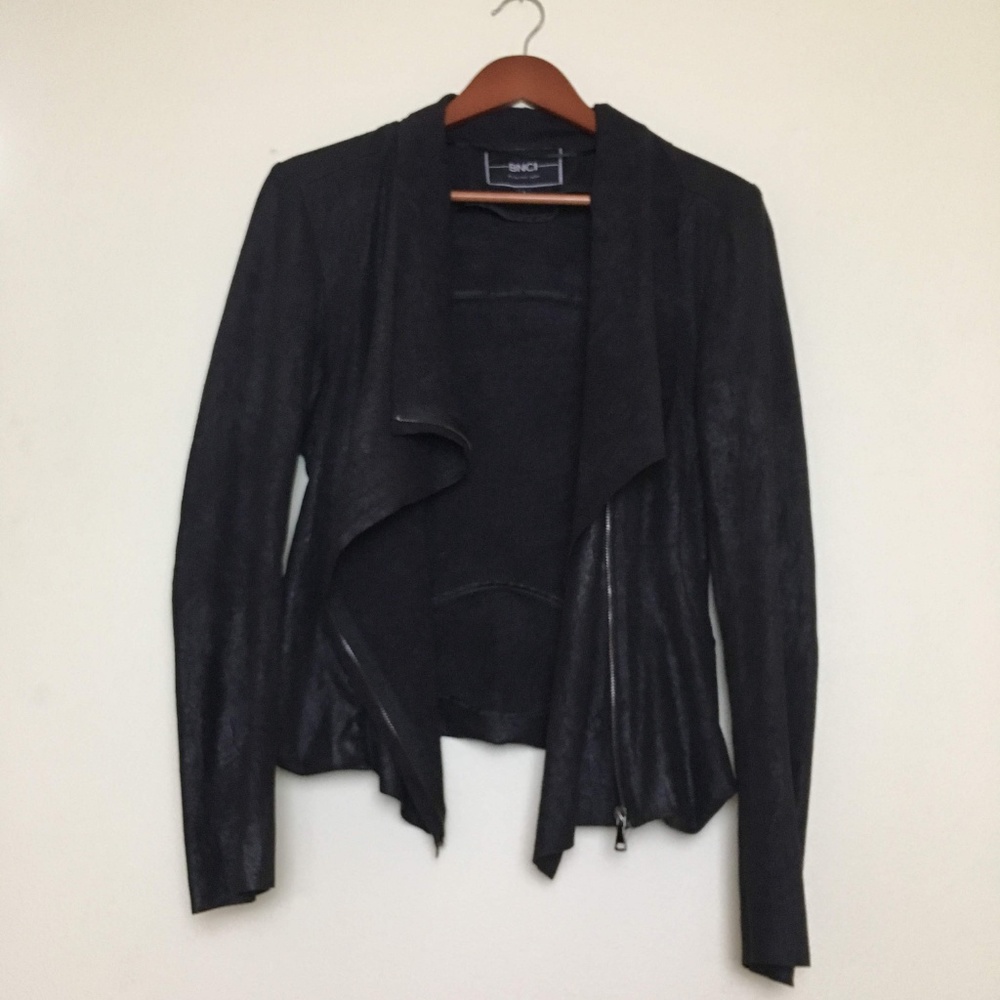 BNCI blanc Noir black moto jacket faux leather lg